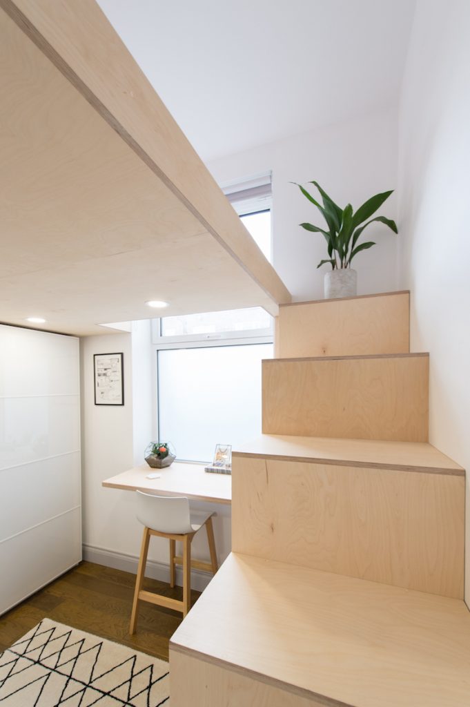 mezzanine-lofts-bespoke-stairs-storage-birch-ply-Scandinavian-loft-lights-studio-flat-london